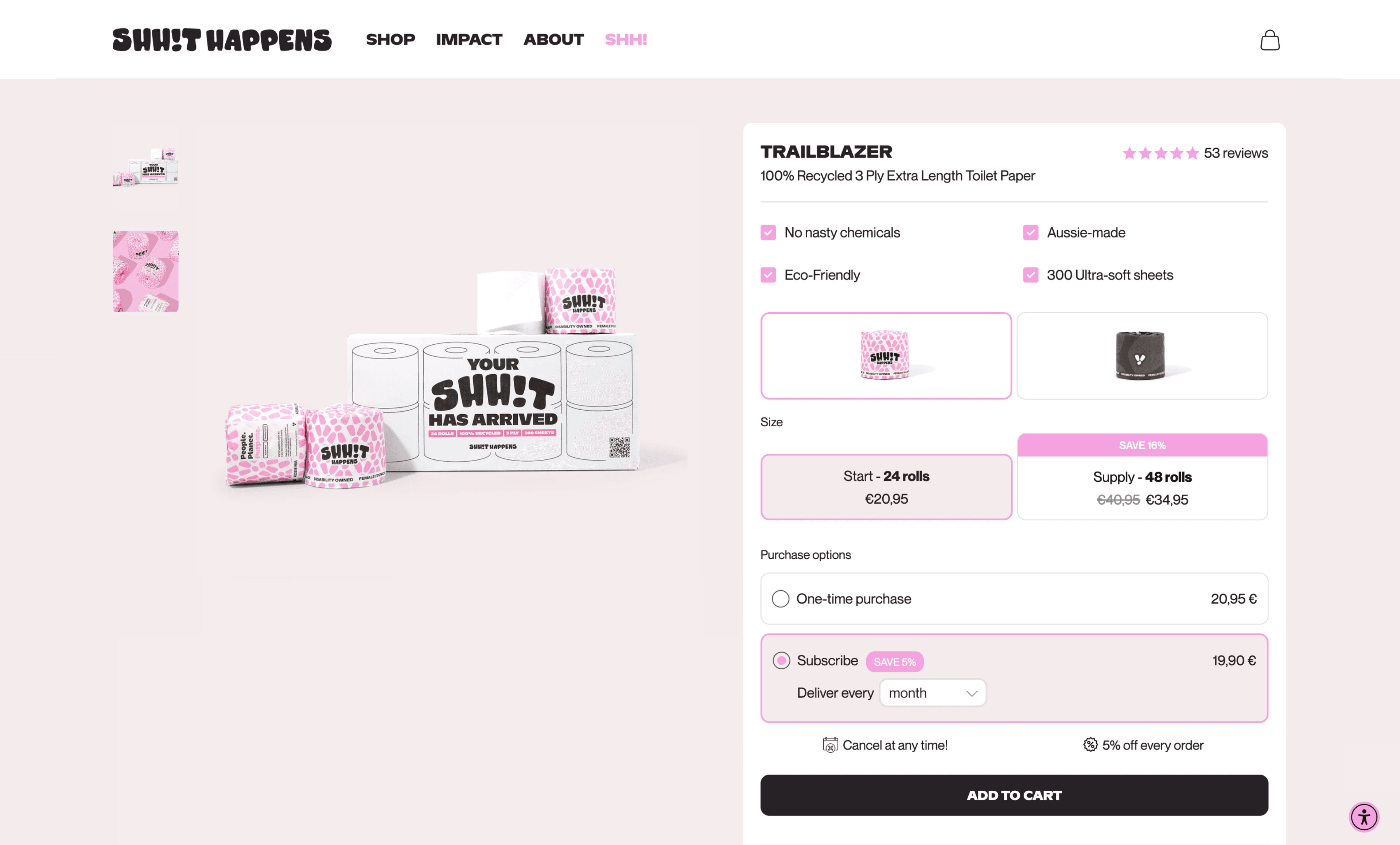Shopify product page with subscription options